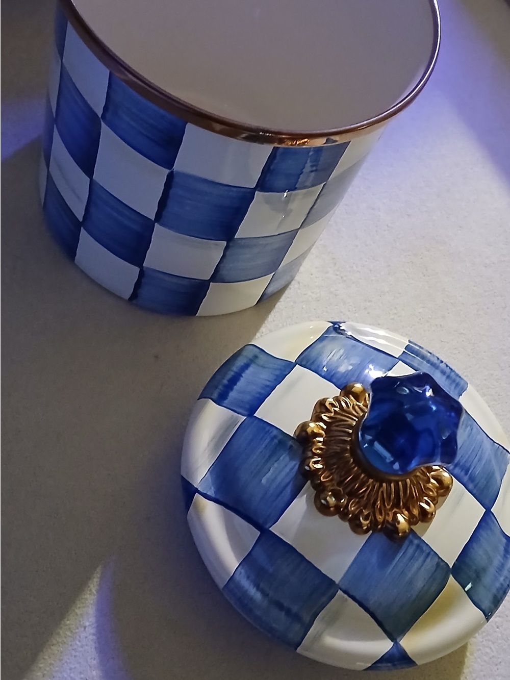 MacKenzie-Childs Blue and White Checked Ceramic with Brass Plaque - Picture 4 of 8